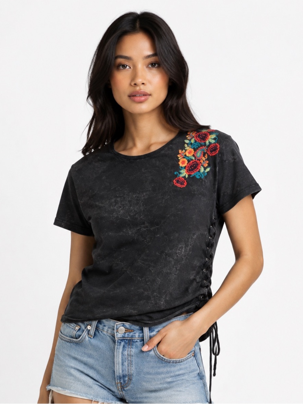 LTB Charcoal Black Embroidered Tie Dye T-Shirt